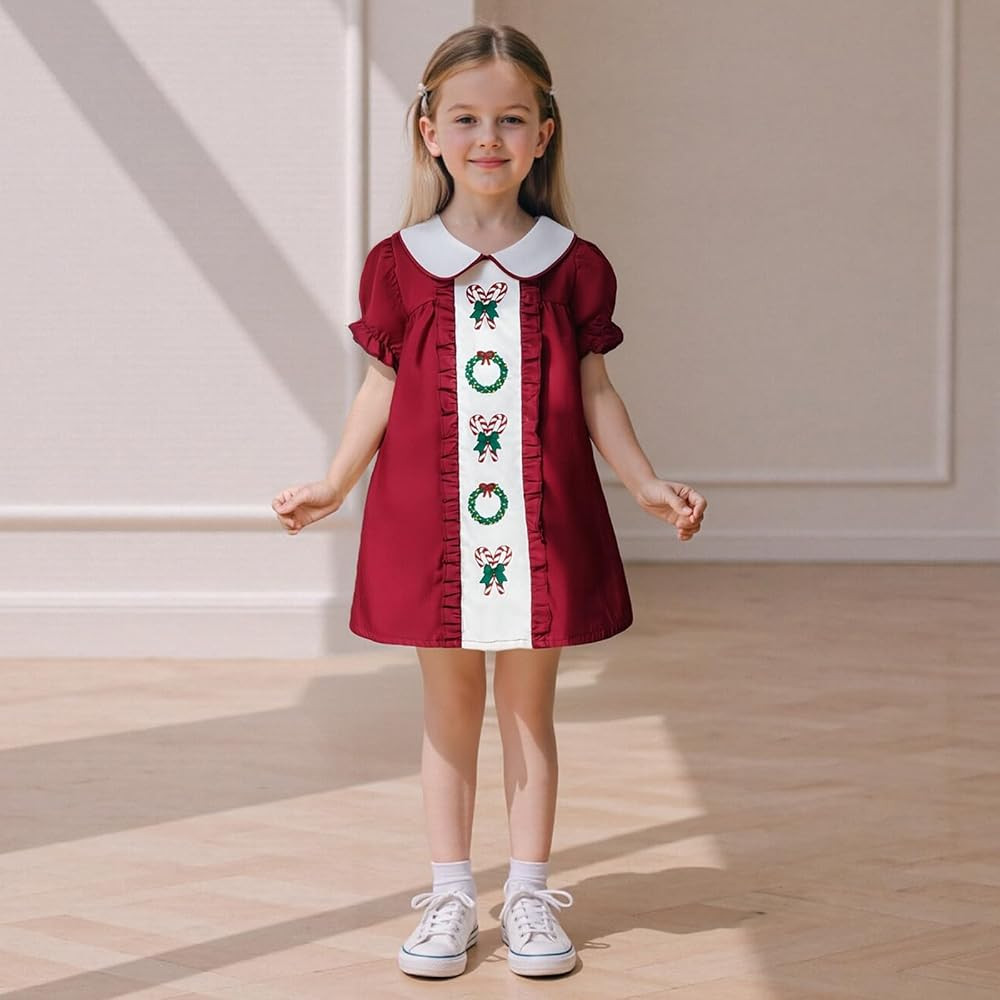 Toddler Baby Girl Christmas Outfit Santa Claus/Reindeer/Tree Embroidery Plaid Short Sleeve Smocke... | Amazon (US)