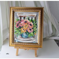 Floral Art Pink Anemone Peonies Bouquet On Chair Oil Painting Original Framed Flowers Small Oil | Etsy (US)