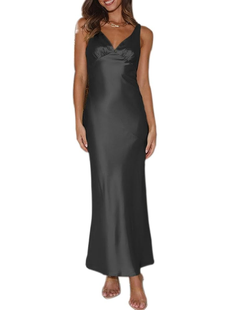 Womens Elegant Satin V Neck Backless Sleeveless Maxi Dress Silk Tie Low Back Formal Cocktail Dres... | Amazon (US)
