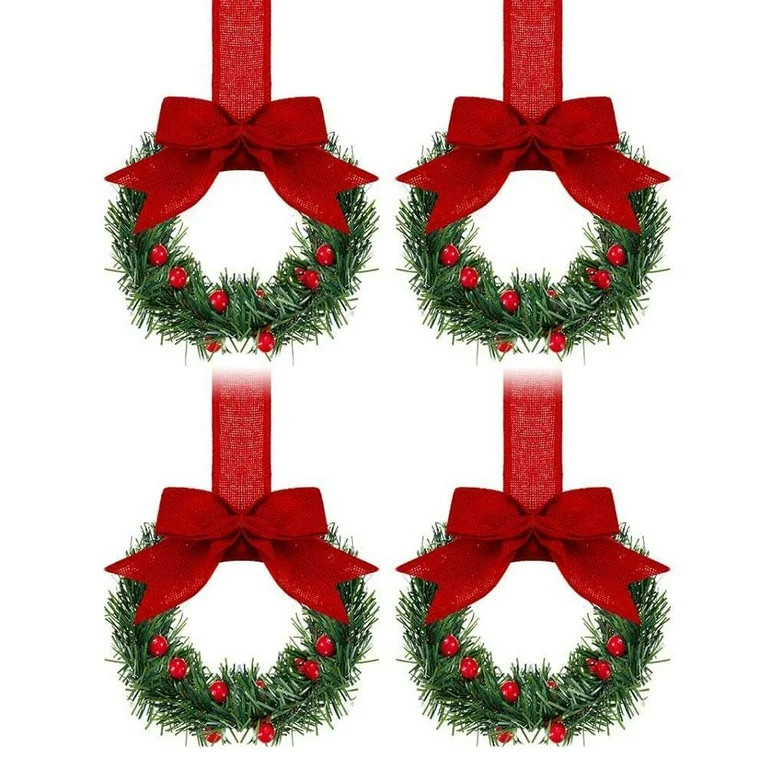 LONPUN 4-pack Christmas Cabinet Wreaths With Ribbon Bow And With Red Berry Pine, Mini Wreaths for... | Walmart (US)