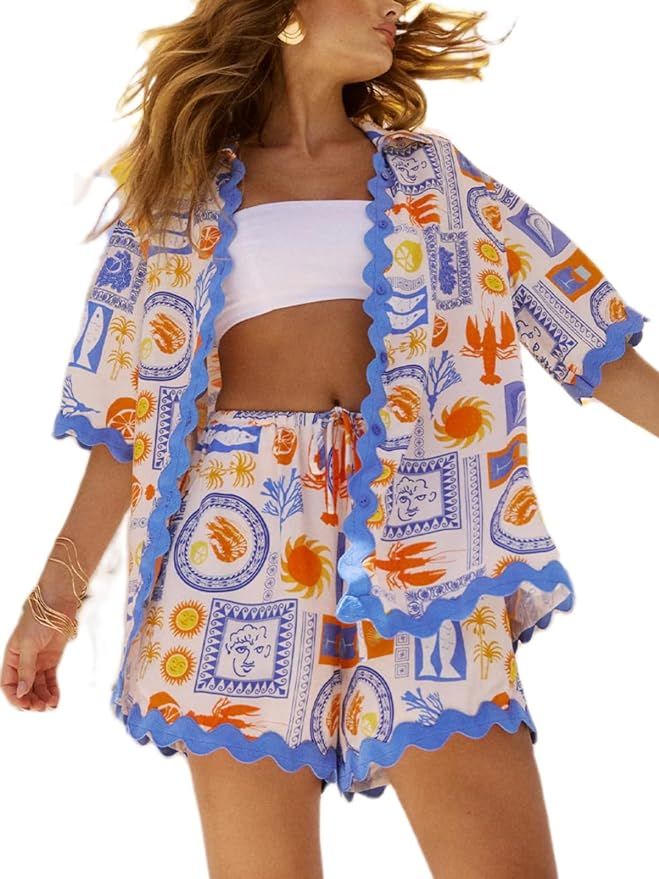 Argeousgor Women 2 Piece Beach Outfits Boho Printed Button Down Shirt Shorts Tracksuit Summer Vac... | Amazon (US)