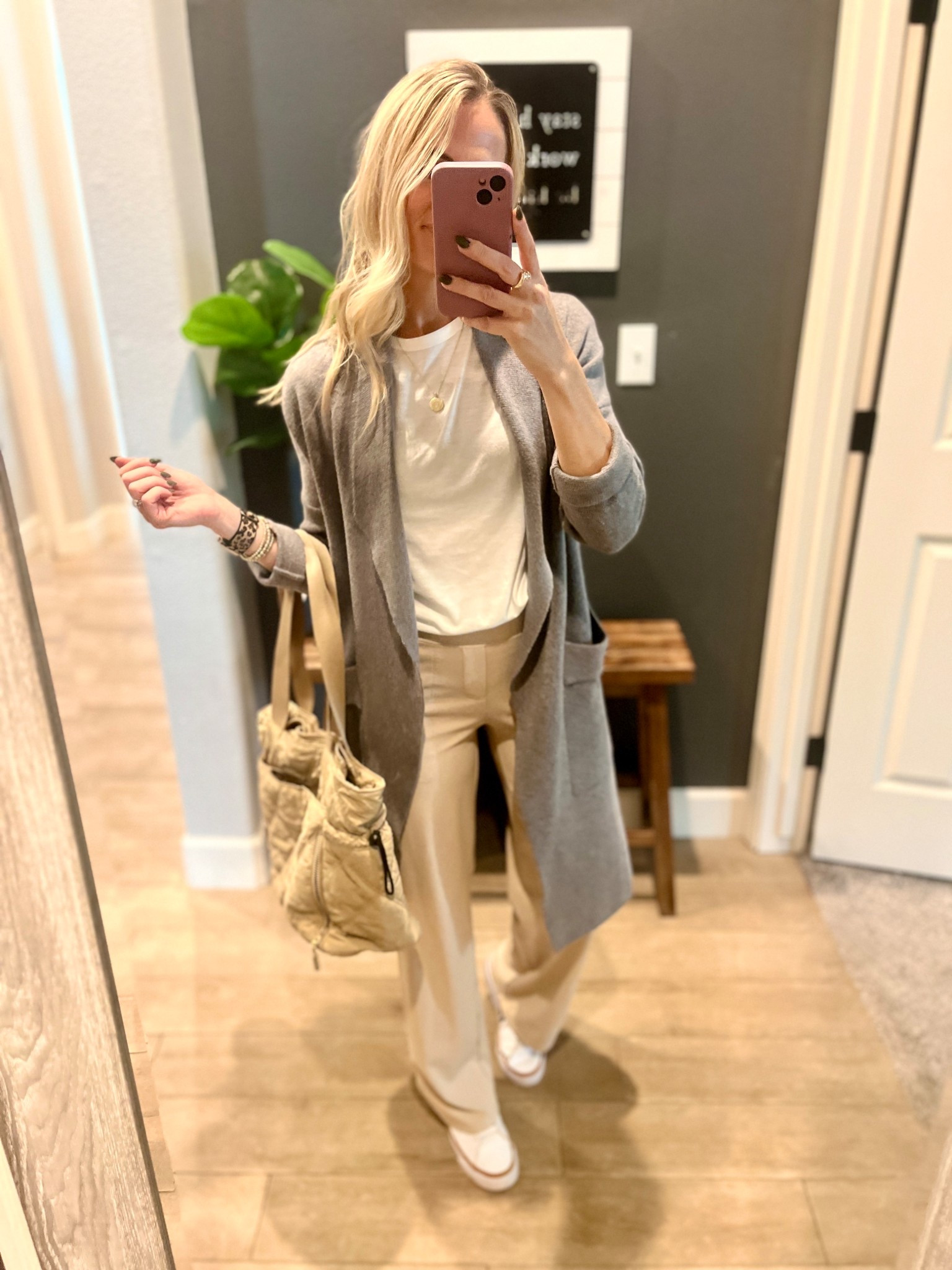 Neutral teacher outfit idea! Also a great casual look. These wide leg yoga pants look like trousers. This whole outfit is so comfy! 

#LTKPetite #LTKWorkwear
