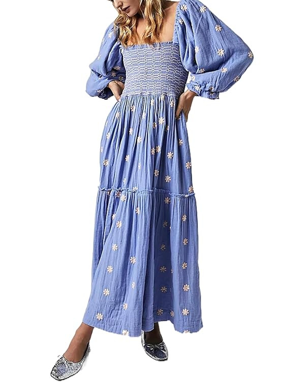 Women's Flower Embroidered Maxi Dress Lantern Sleeve Square Neck Tiered Flowy Spring Fall Dress | Amazon (US)