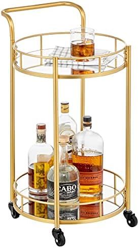 mDesign Metal Vintage Round Beverage Rolling Cart for Home - 2-Tier Serving Bar Trolley with Easy-Gl | Amazon (US)
