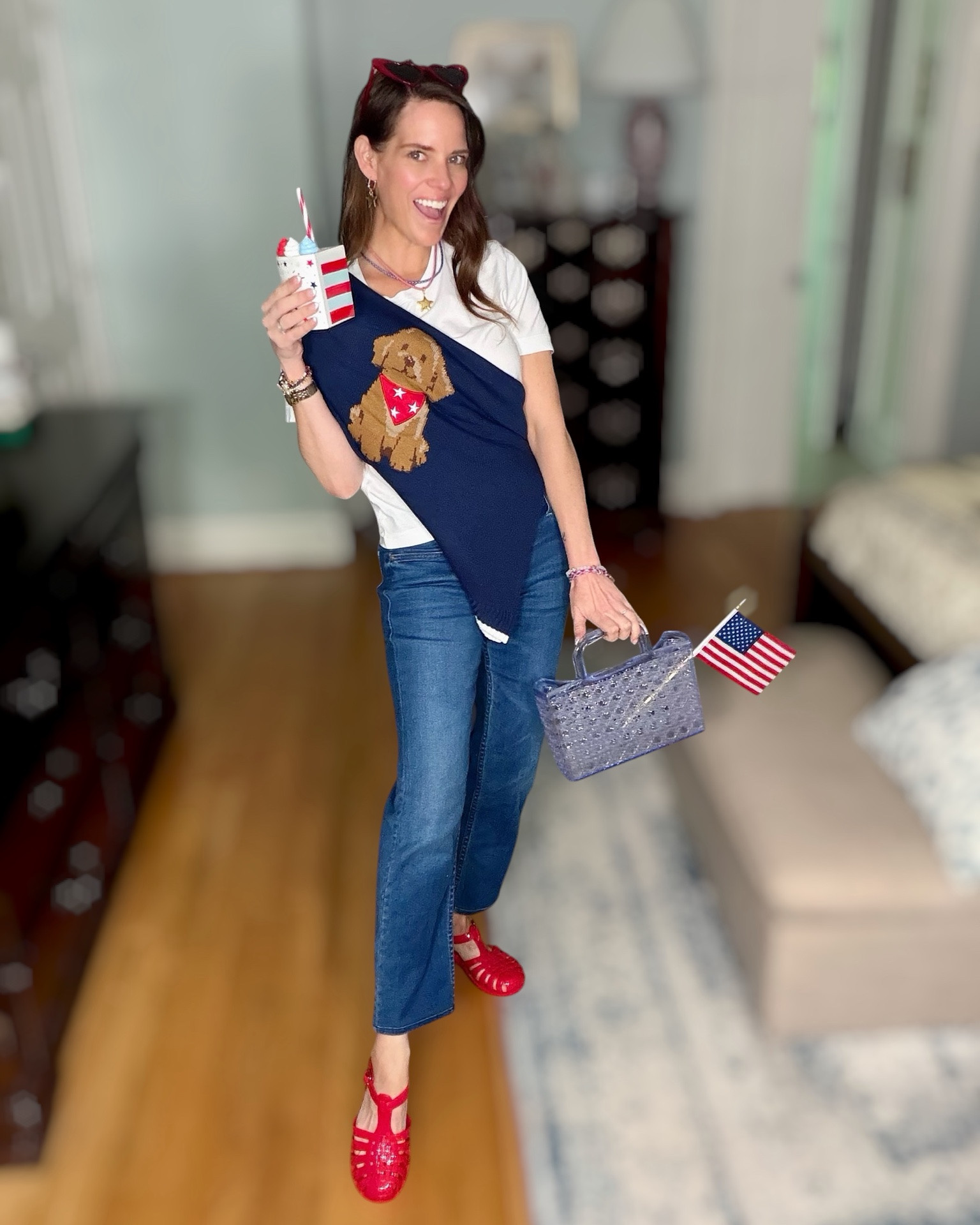 Patriotic Accessories & Jewelry ❤️🤍💙 Summer Americana Details

The accessories are stealing the show in this festive summer look ❤️⭐️💙 Layered red, white, and blue cord necklaces with a gold star charm, matching star earrings, stacked bracelets, heart sunglasses, and the cutest jelly mini tote for all the patriotic vibes ✨

Styled with casual denim and a playful sweater-over-the-shoulders look for an easy Americana outfit that’s perfect for Memorial Day weekend, Fourth of July celebrations, summer vacations, parades, BBQs, and beach town strolls 🇺🇸

patriotic accessories, Americana style, patriotic jewelry, red white and blue outfit, layered necklaces, star charm necklace, jelly tote bag, heart sunglasses, summer accessories, festive summer outfit, Fourth of July fashion, preppy patriotic outfit, summer jewelry stack ❤️🤍💙

#LTKmomlife #LTKPetite #LTKOver40