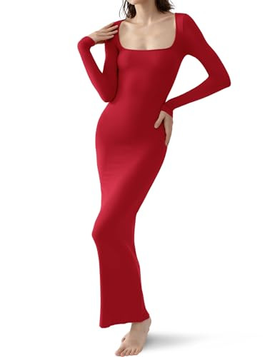 PUMIEY Women's Square Neck Long Sleeve Maxi Dress Ribbed Bodycon Dresses for Women Soft Lounge Dr... | Amazon (US)