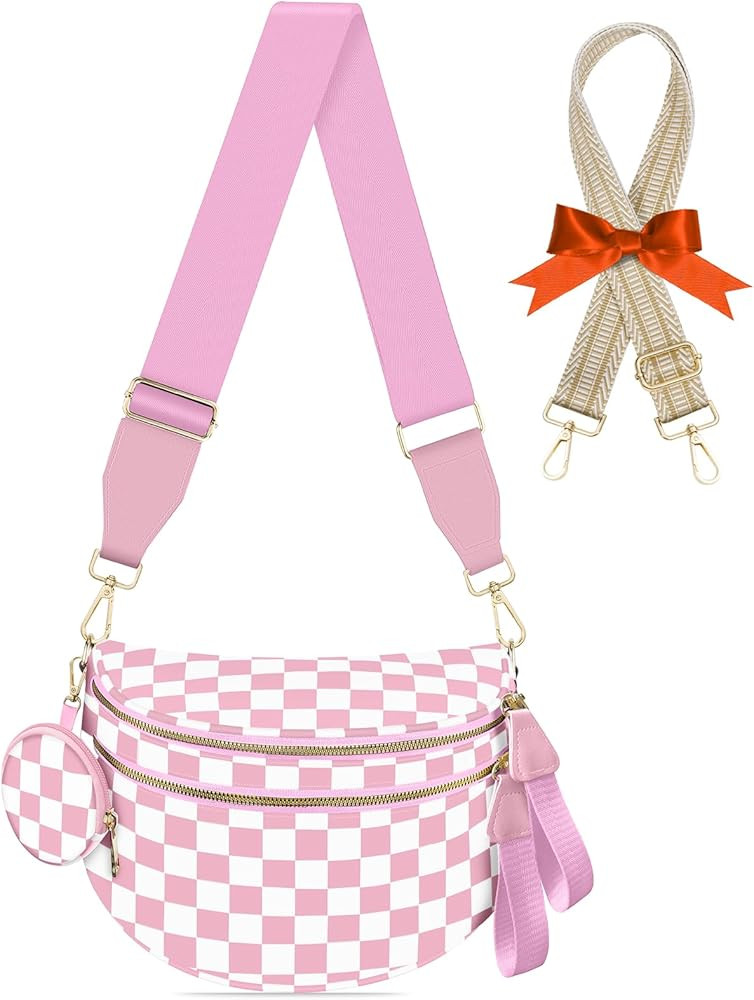 Bum Bags for Women Checkered Crossbody Bag Large Nylon Belt Purse Fanny Packs, Bonus with a Extra... | Amazon (US)