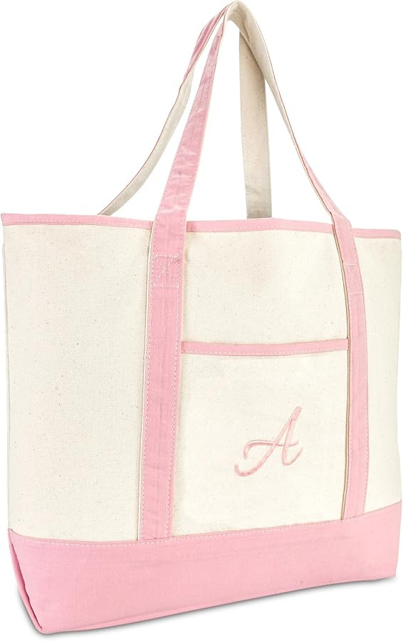 DALIX Women's Cotton Canvas Tote Bag Large Shoulder Bags Pink Monogram A - Z | Amazon (US)