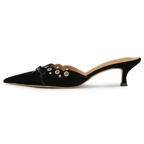 olomisa Womens Kitten Heels, Bow Studded Heeled Mules Pointed Toe Low Heel Sandals Suede Leather Slip on Kitten Heel Pumps | Amazon (US)