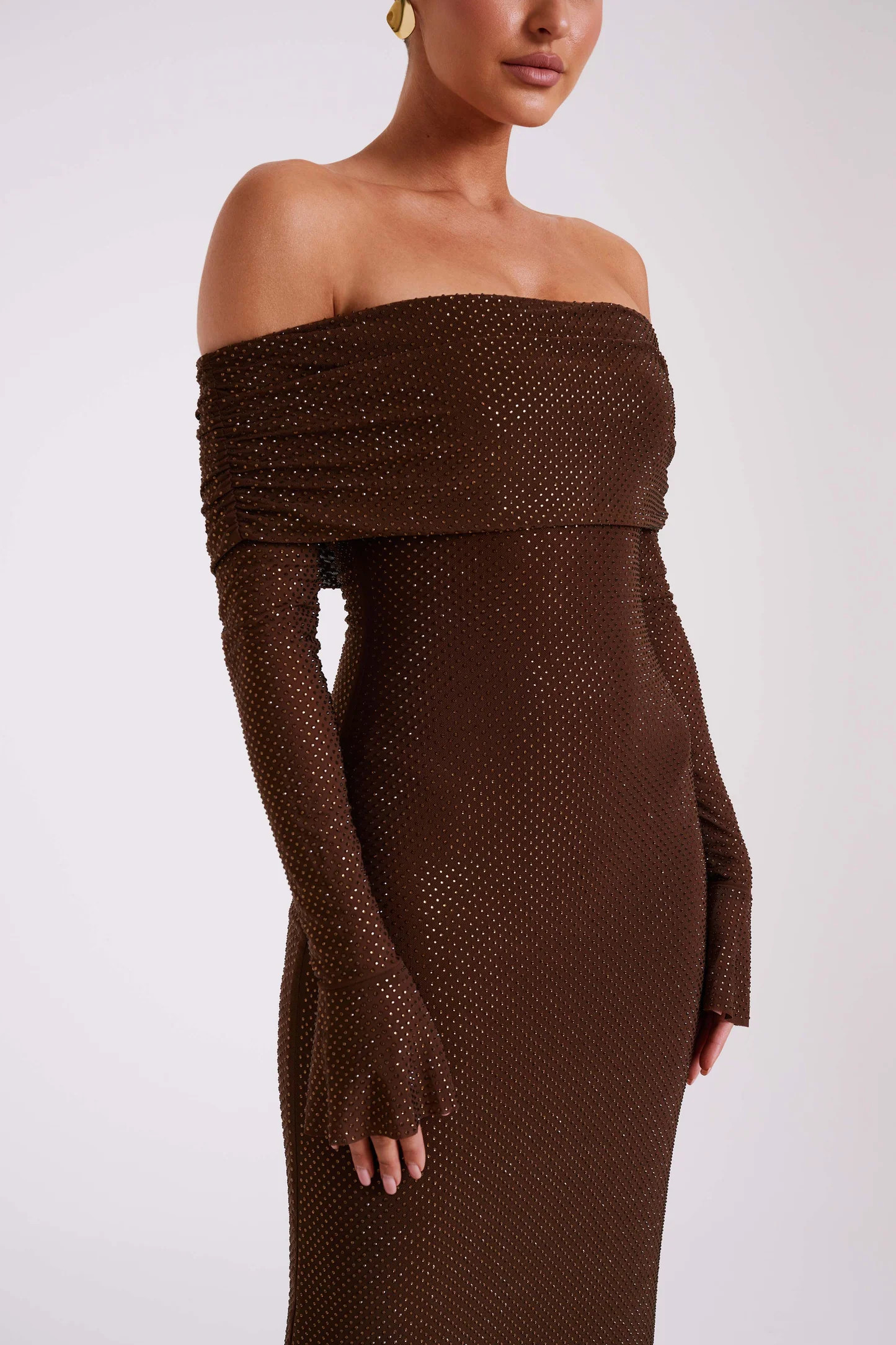 Marcel Off Shoulder Diamante Maxi Dress - Chocolate | MESHKI US