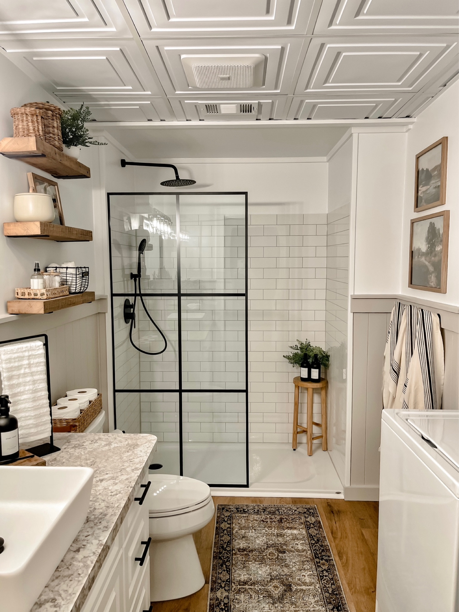 Bathroom Inspiration. Bathroom Screen. Shower Screen. Open Shelves. Bathroom Decor. Bathroom Shelves. Bathroom Towels. Turkish Towels. Loloi Layla Olive Charcoal Rug. Loloi Rug  

#LTKunder50 #LTKFind #LTKhome