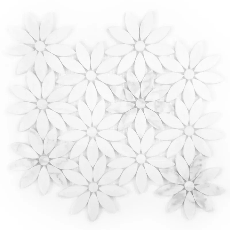 12” x 12” Carrara White Daisy Flower Mosaic Marble Tile Sheets Polished | Wayfair North America