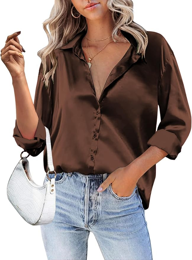 HOTOUCH Women Satin Silk Button Down Shirt Ladies Long Sleeve Tops V Neck Loose Blouse Dressy Bus... | Amazon (US)