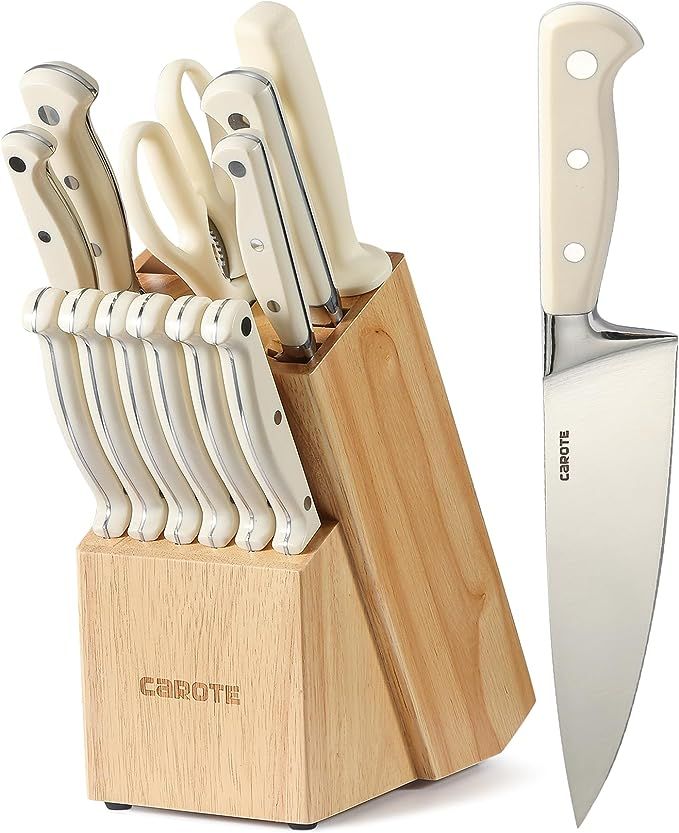 CAROTE 14 Pieces Knife Set with Wooden Block High Carbon Stainless Steel Knives Dishwasher Safe w... | Amazon (US)