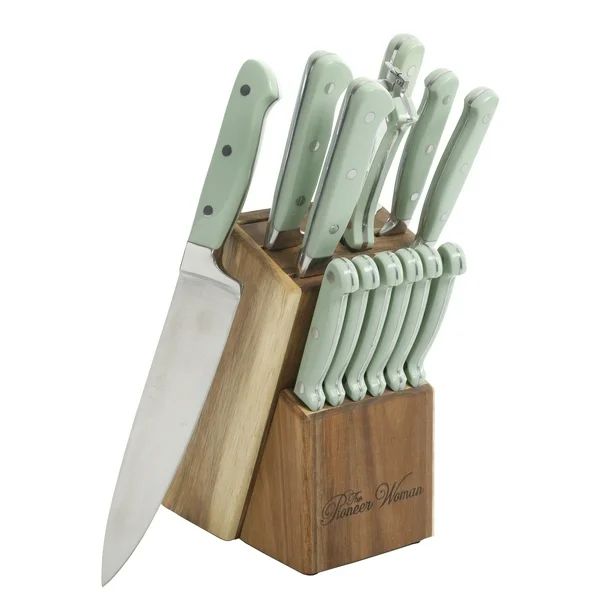 The Pioneer Woman Frontier Collection 14-Piece Cutlery Set with Wood Block, Mint | Walmart (US)