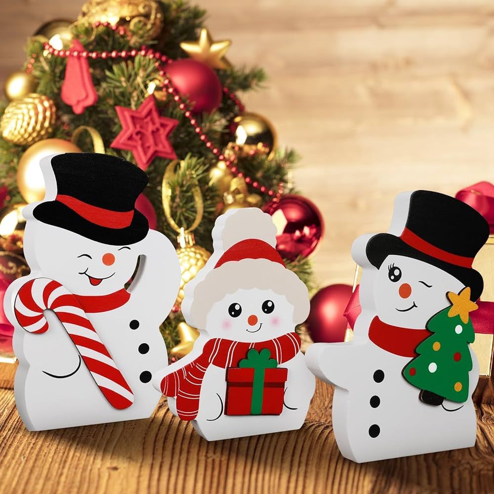 COCHIE Cute Snowman Winter Decorations Indoor, Christmas Wooden Tiered Tray Decor with Peppermint... | Amazon (US)