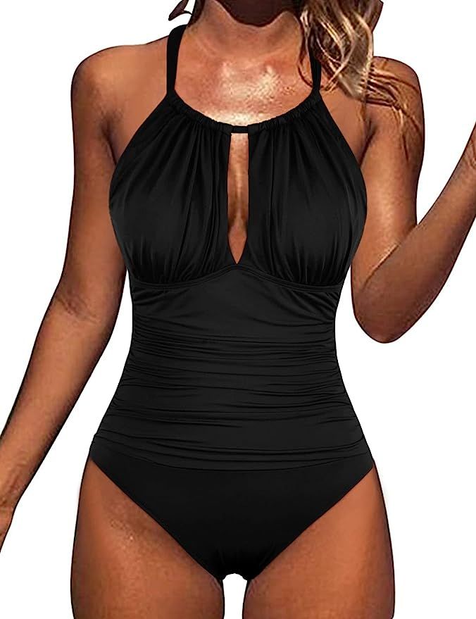 Hilor Women's One Piece Swimsuits Plunge V Neck Swimwear Tummy Control Ruched Bathing Suits | Amazon (US)