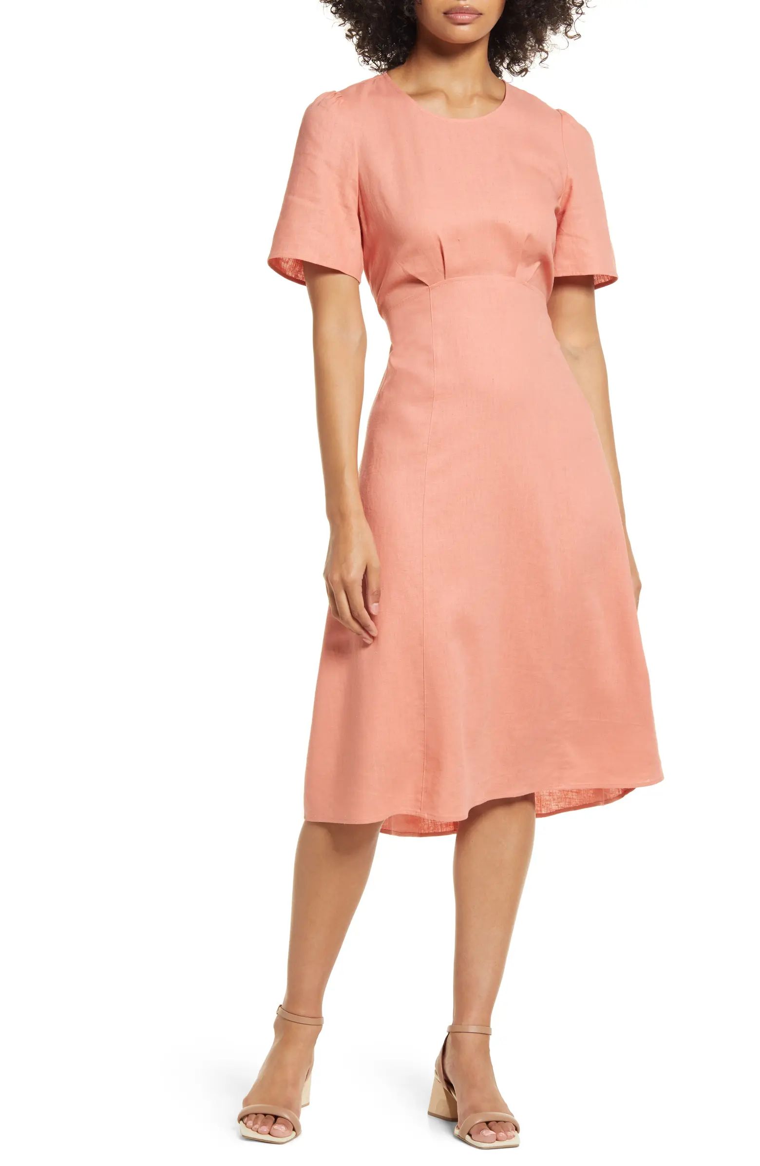 Halogen® Open Back Puff Sleeve Linen Blend Midi Dress | Nordstrom | Nordstrom