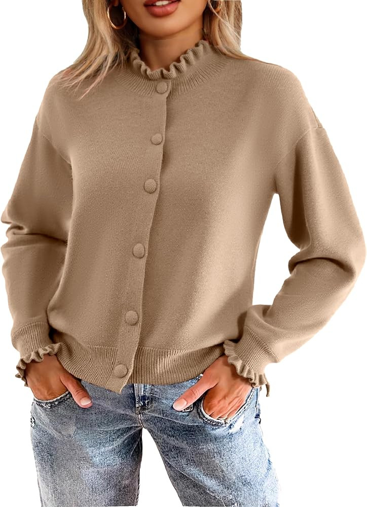 Simplee Short Knit Fall Cardigan Sweaters Cute Ruffle Mock Neck Long Sleeve Button Down Open Fron... | Amazon (US)