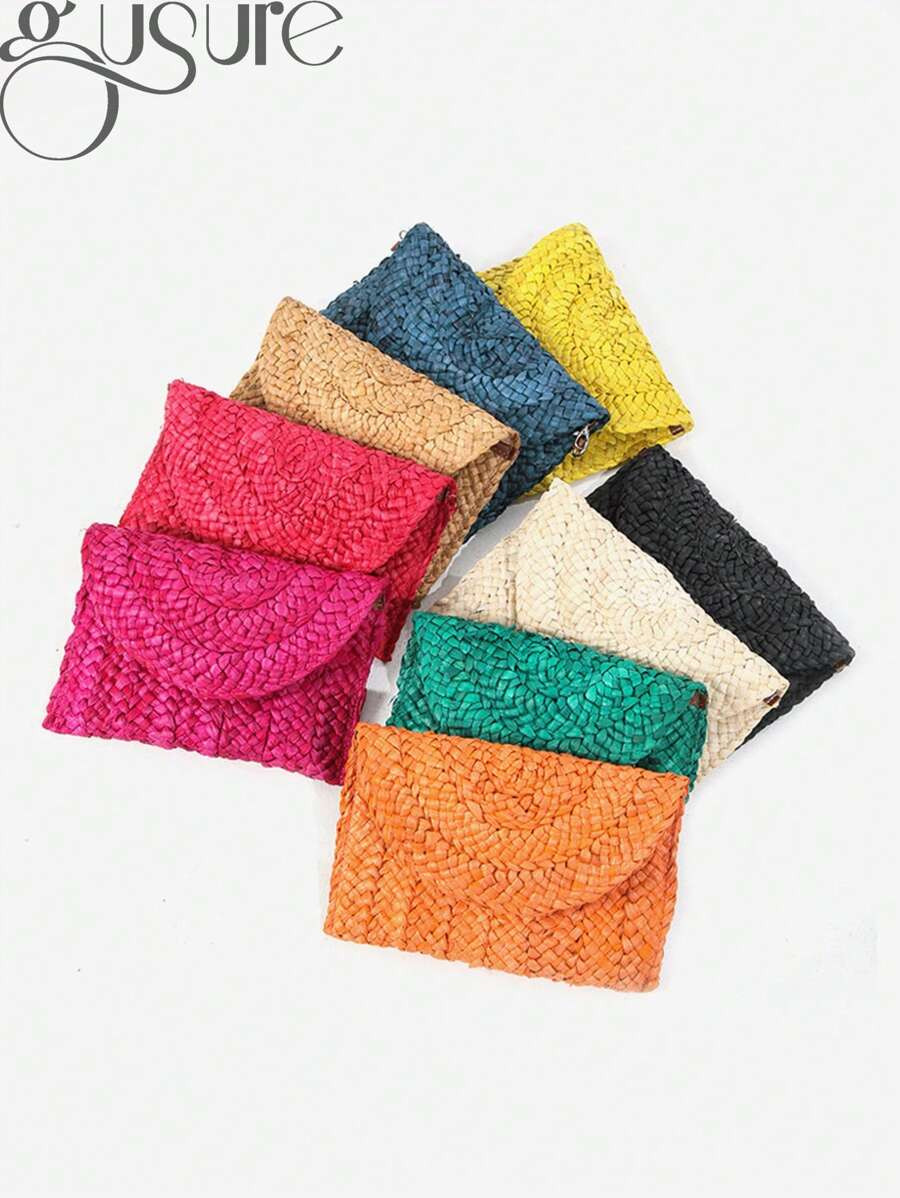 Fashionable Corn Husk Straw Bags Hand-Woven Women Clutch Envelope Handbag Long Purse For Female S... | SHEIN