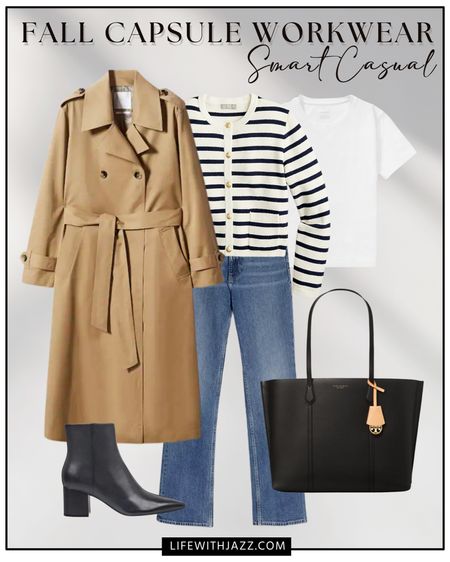 Fall capsule workwear outfit inspo 

Smart casual / workwear / office outfit / trench coat / sweater jacket / tee / jeans / boots / tote / Mango / Jcrew / Calvin Klein / everlane / Tory Burch 

#LTKstyletip #LTKworkwear