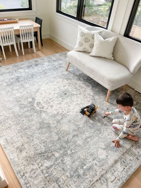 Shop our kids playroom soft blue rug (denim/dog color), kids craft table, kids white play chairs from Pottery barn kids, small couch, modern mid-century loveseat  

#LTKhome #LTKkids #LTKfamily