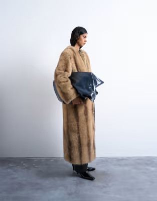 Topshop oversized faux fur collarless long coat in natural beige stripes | ASOS (Global)