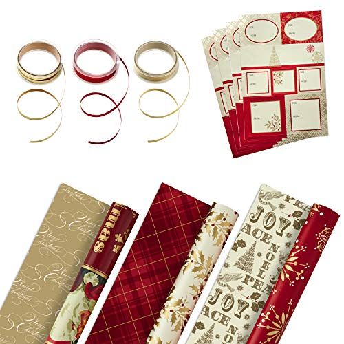 Hallmark Reversible Christmas Wrapping Paper Set with Ribbon and Gift Tag Stickers (Traditional Red  | Amazon (US)
