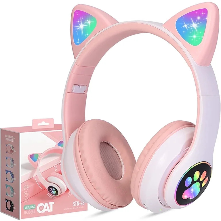 TCJJ Kids Wireless Headphones Cat Ear LED Light up Bluetooth Foldable Headphones over Ear w/Micro... | Walmart (US)