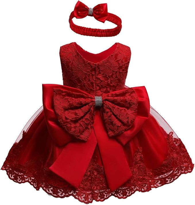0-2 Years Baby Girls Pageant Lace Dresses Toddler Party Embroideryr Dress with Headwear | Amazon (US)
