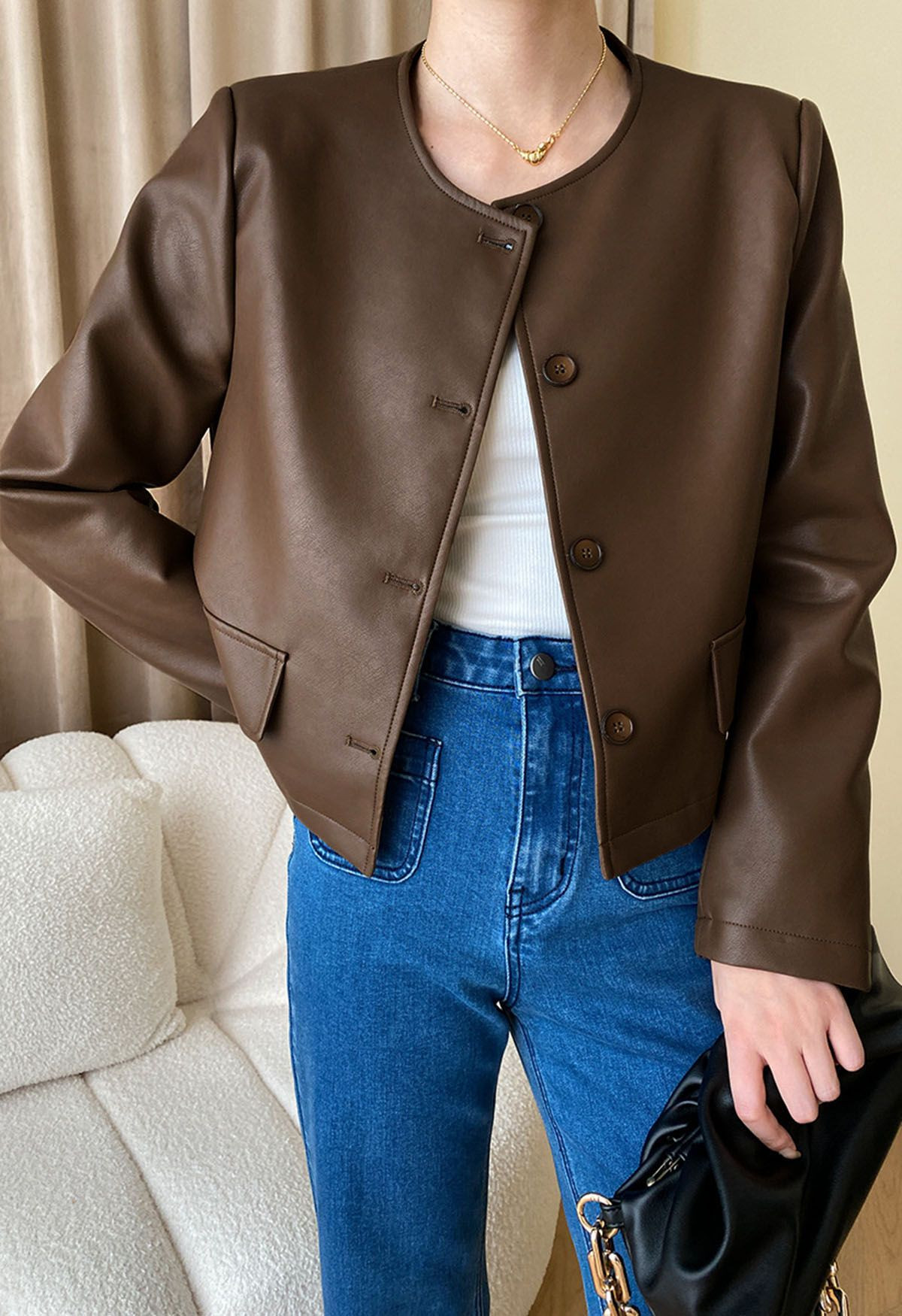 Faux Leather Buttoned Cropped Jacket in Brown | Chicwish