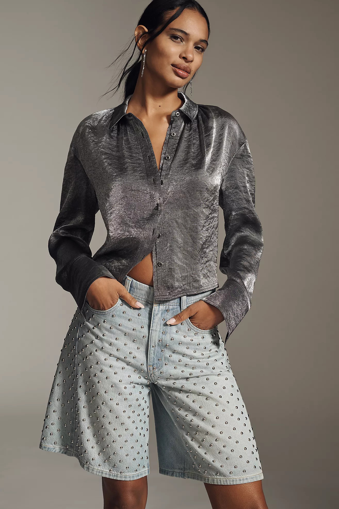 The Adi Studded Mid-Rise Relaxed Bermuda Shorts by Pilcro | Anthropologie (US)