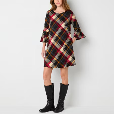 Jessica Howard Womens 3/4 Sleeve Plaid Shift Dress, Large, Red | JCPenney