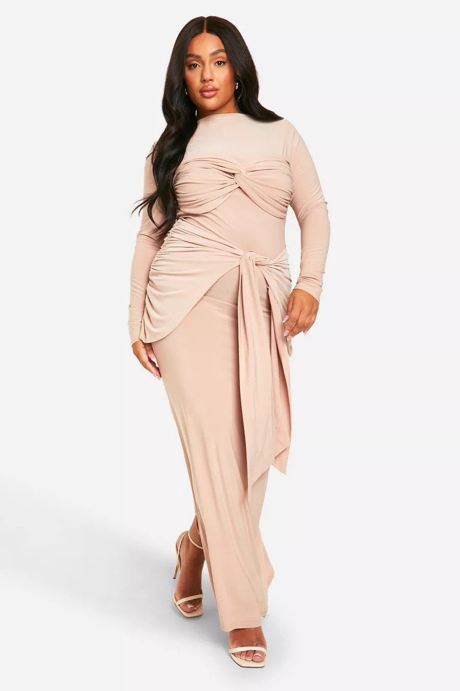 Plus Double Slinky Ruched Tie Maxi Dress | boohoo (US & Canada)
