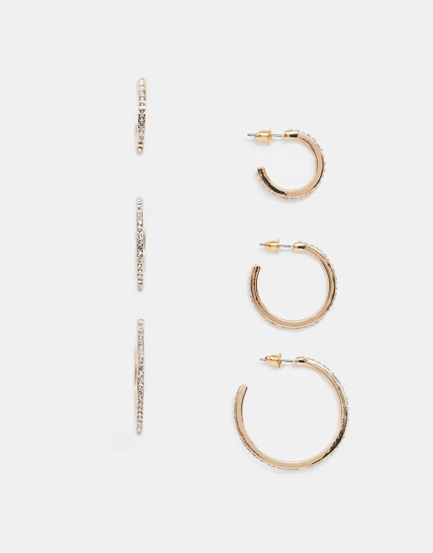 ASOS DESIGN pack of 3 fine crystal hoop earrings in gold tone | ASOS (Global)