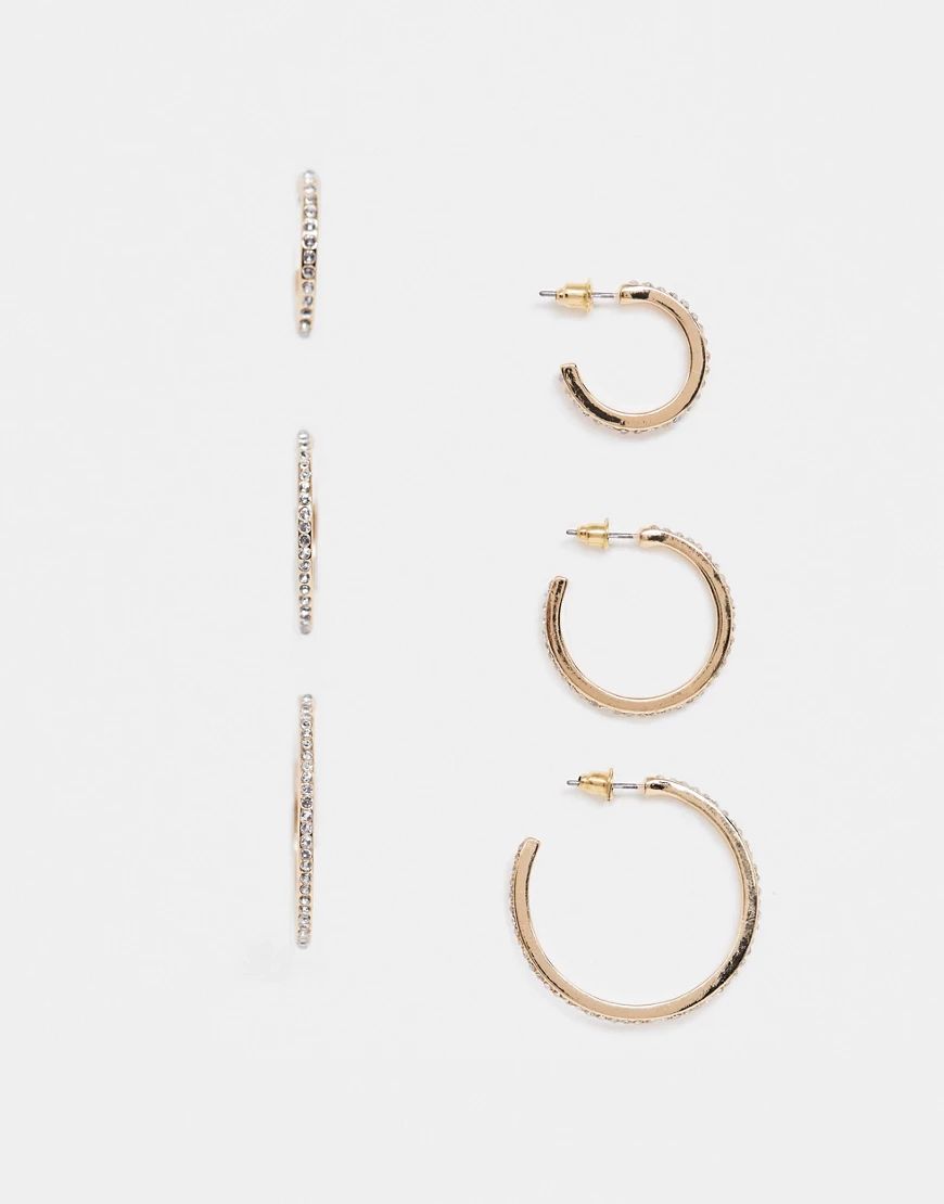 ASOS DESIGN pack of 3 fine crystal hoop earrings in gold tone | ASOS (Global)
