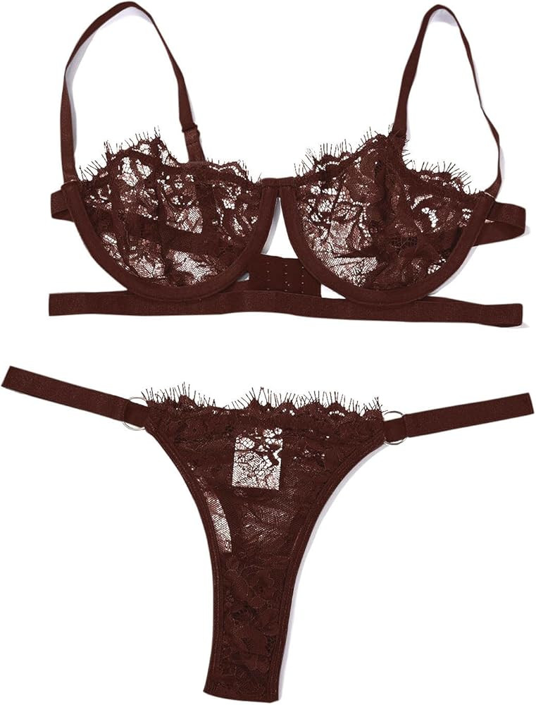 Women Lingerie Sets Sexy Lace Bra and Panty Set Underwire Push Up Lingerie Strappy Bra Thong See ... | Amazon (US)