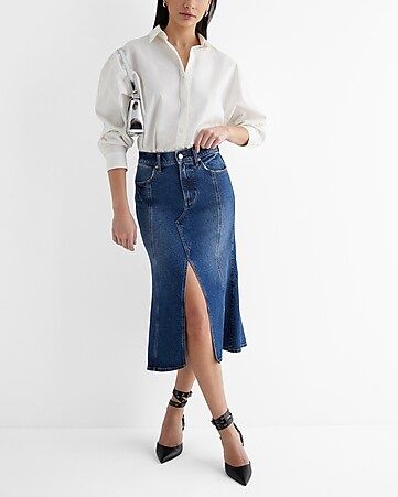 Boyfriend Portofino Shirt + Front Slit Midi Denim Skirt | Express