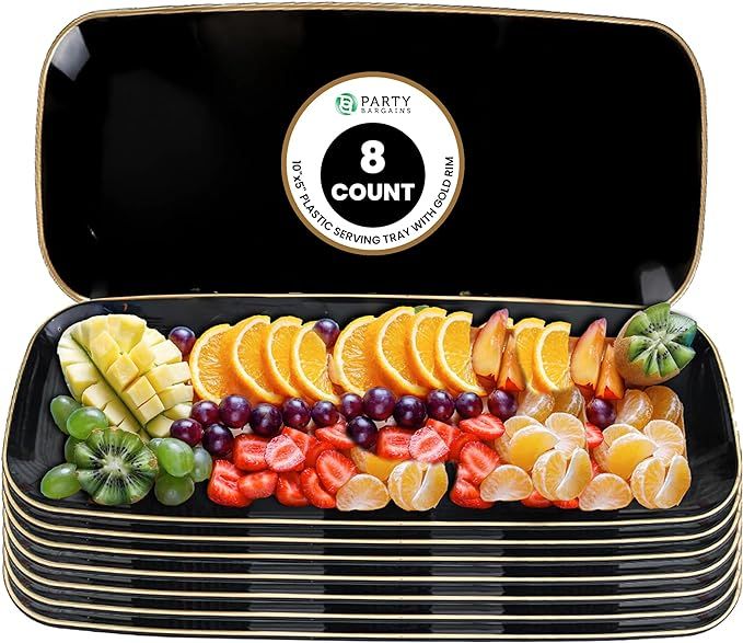 Party Bargains 10"x5" Plastic Serving Tray, 8 Pack, Organic Collection Black Gold Rim Serving Pla... | Amazon (US)
