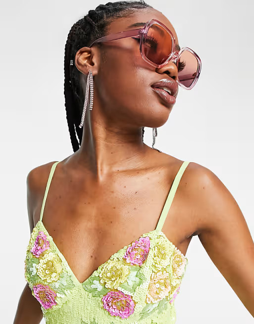 Miss Selfridge floral sequin cami mini dress in yellow | ASOS (Global)