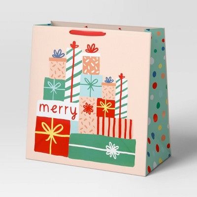 Extra-Large Square 'Merry' Stacked Presents Christmas Gift Bag Pink - Wondershop™ | Target