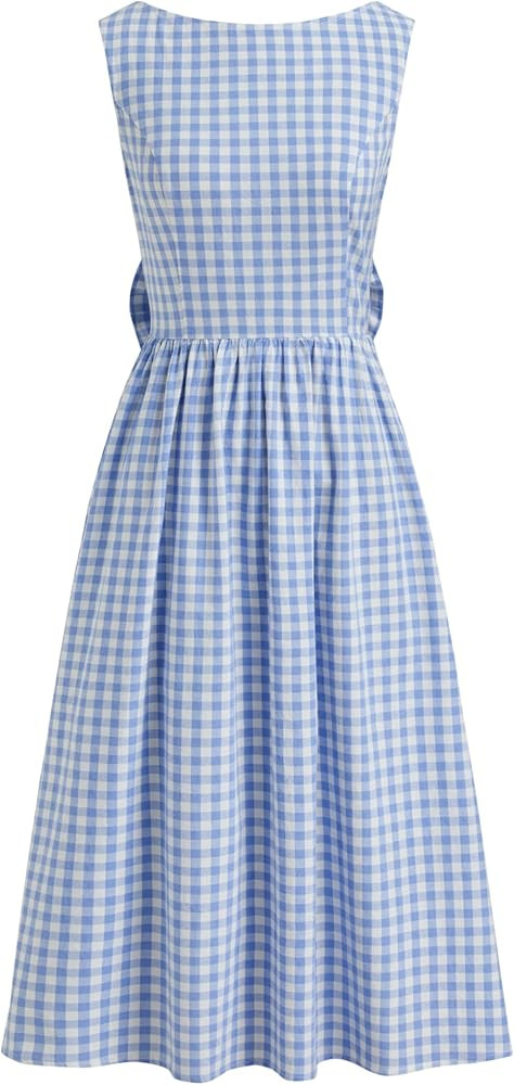 CIDER Plaid Dress Gingham Bowknot Backless Ruffle Boat Neck Midi Dresses Middle Waist Sleeveless ... | Amazon (US)