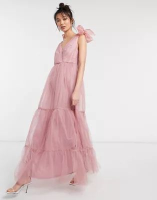 ASOS DESIGN tulle bow tie tiered maxi dress in rose | ASOS (Global)