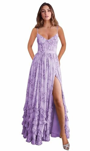 Pleated Dusty Purple Prom Dresses Plus Size with Slit for Women 3D Floral Ruffles Long Bridesmaid Dresses A Line Corset Spaghetti Straps Party Evening Gowns US18W | Amazon (US)