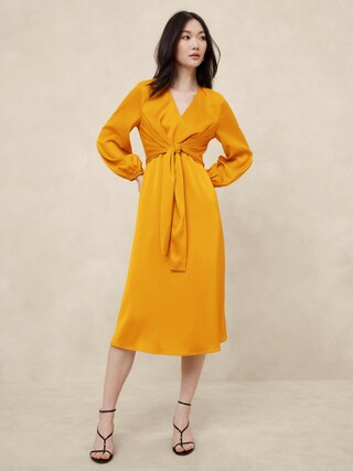 Satin Tie-Front Midi Dress | Banana Republic Factory