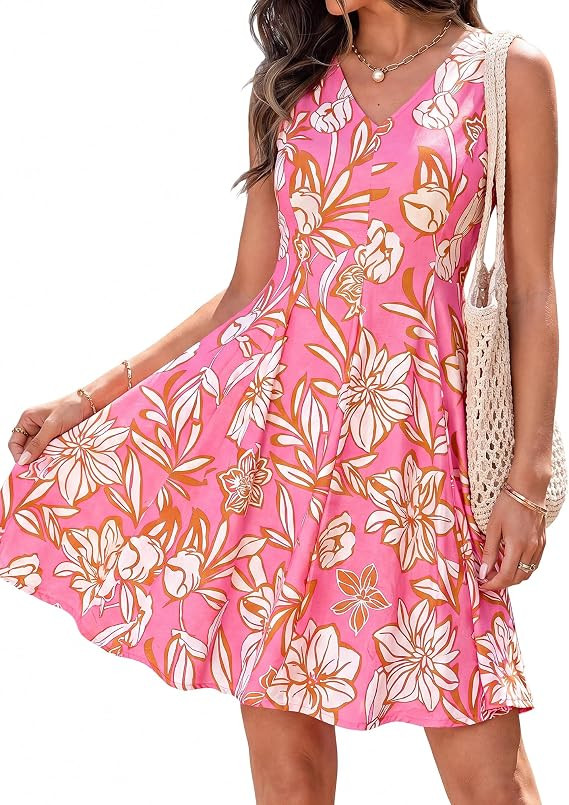 BTFBM Womens Summer Dresses 2026 Spring Casual Sleeveless Floral Knit Flowy A-Line Mini Dress Poc... | Amazon (US)