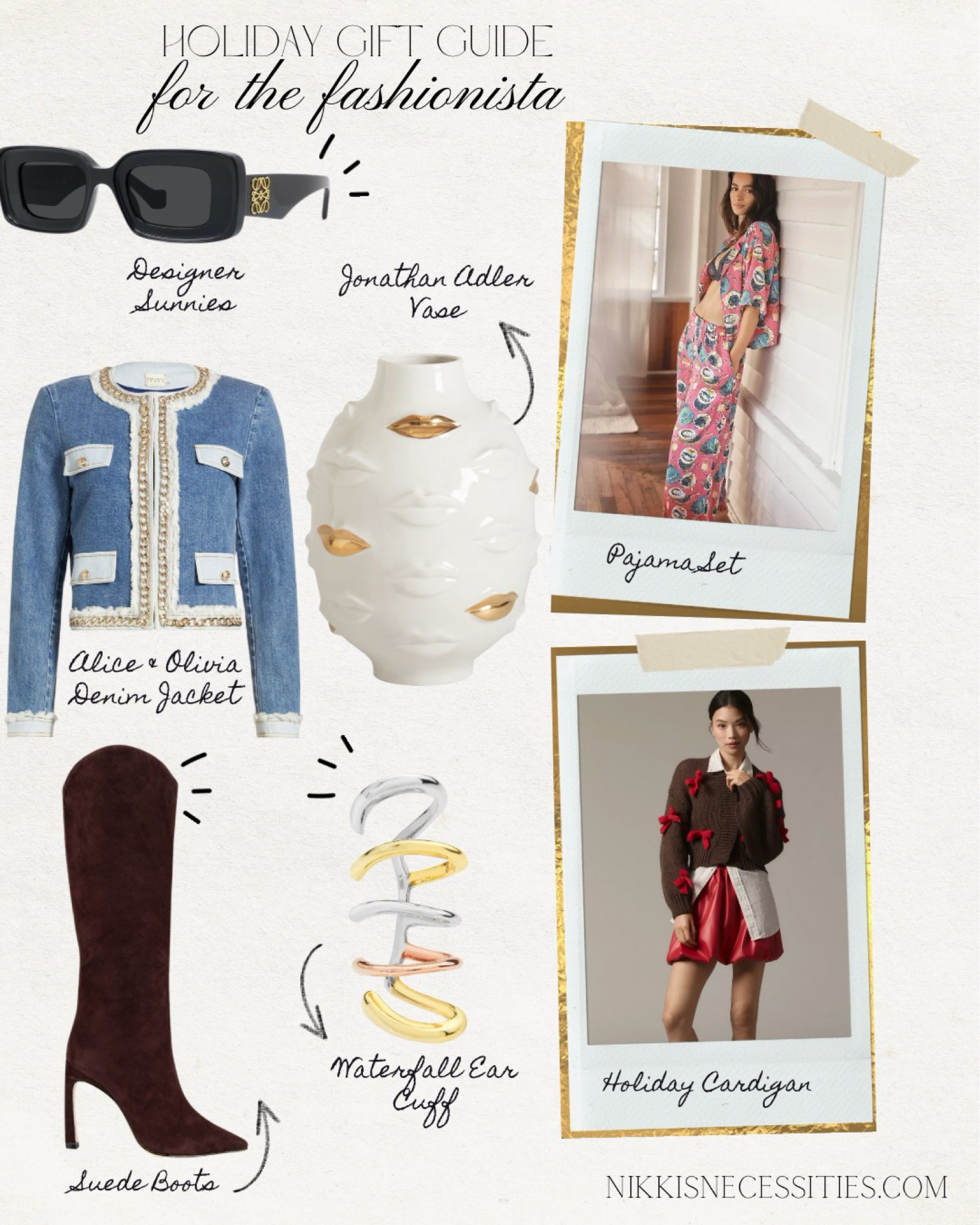 Fashionista 
Gift guide 
Holiday gift guide gifts for her 
Bow cardigan 
Anthropologie 
Ear cuff 
Jewelry 
Jonathan Adler vase 
Lips vase 
Denim jacket 
Embroidered denim jacket 
Denim jacket with trim 
Pajama set 
Suede boots 
Brown boots with heel 
Heeled boots 
Loewe glasses
Saks fifth Avenue 
