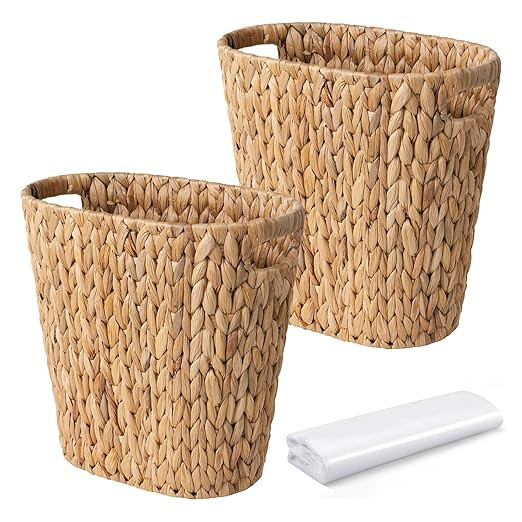 2 Pack Handwoven Water Hyacinth Trash Can - Natural Wicker Waste Basket with Wooden Handles, Slim... | Amazon (US)