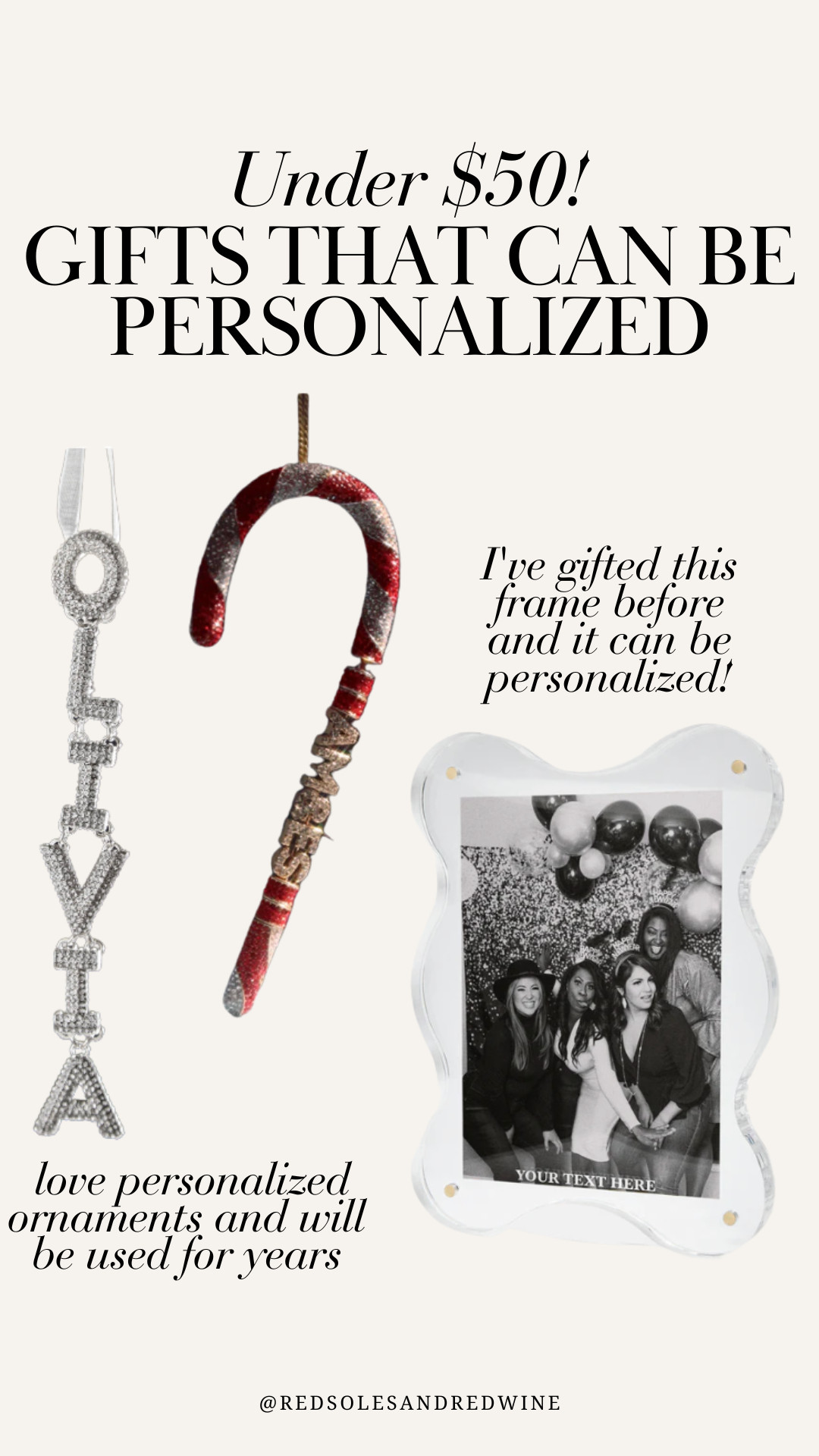 Under $50 personalized gifts! I love ornaments as they will be used for years, and this frame can be engraved. Both from Baublebar 

 

#LTKGiftGuide #LTKHoliday #LTKFindsUnder50