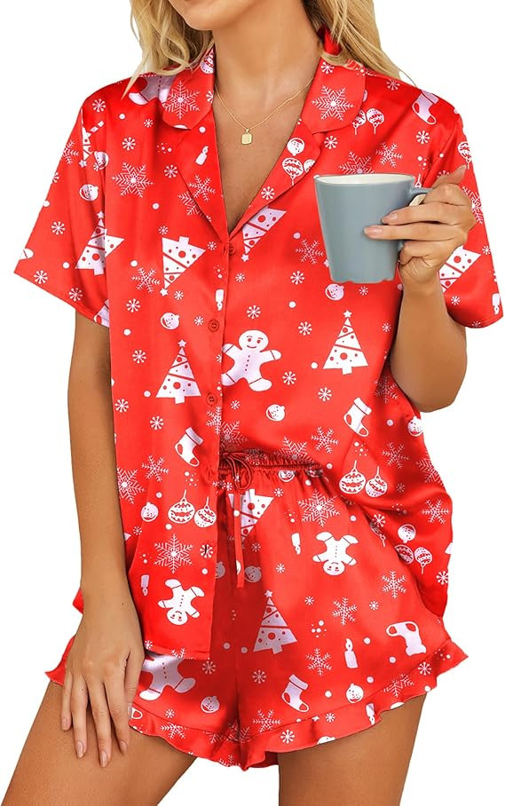 HOTOUCH Womens Satin Pajamas Set Button Down 2 Piece Silk Pjs Shorts Set Ruffle Lingerie Notch Co... | Amazon (US)